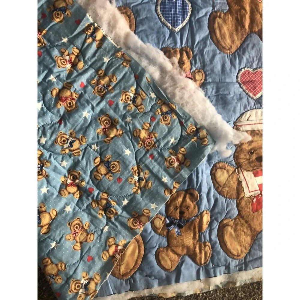 Baby Quilt Top Teddy Bears UNFINISHED Cotton Fabric 38x44 Blue & Red Quilted